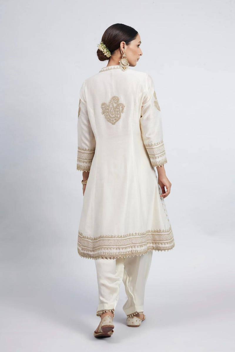 Naazira A-line short kurta with salwar and dupatta-Daisy Ivory silk by SHEETAL BATRA in ivory color for women in Singapore