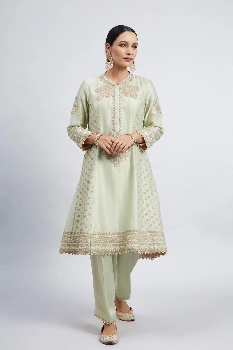 Naazira A-line short kurta with salwar and dupatta-Mint green silk by SHEETAL BATRA in mint color for women in Singapore