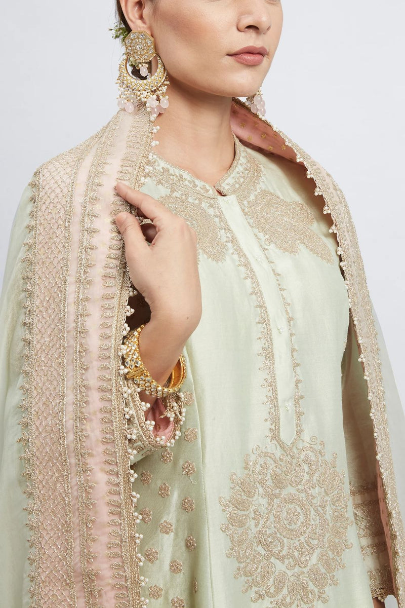 Naazira A-line short kurta with salwar and dupatta-Mint green silk by SHEETAL BATRA in mint color for women in Singapore