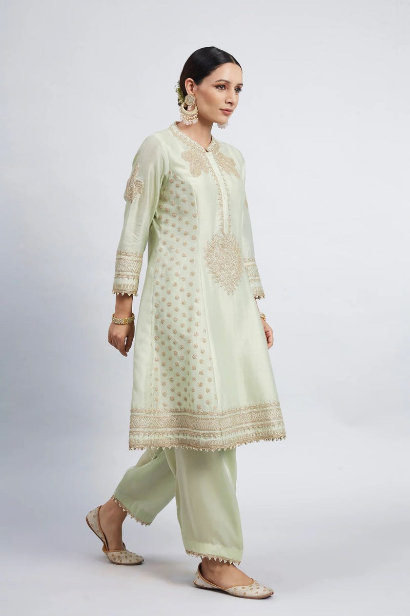 Naazira A-line short kurta with salwar and dupatta-Mint green silk by SHEETAL BATRA in mint color for women in Singapore