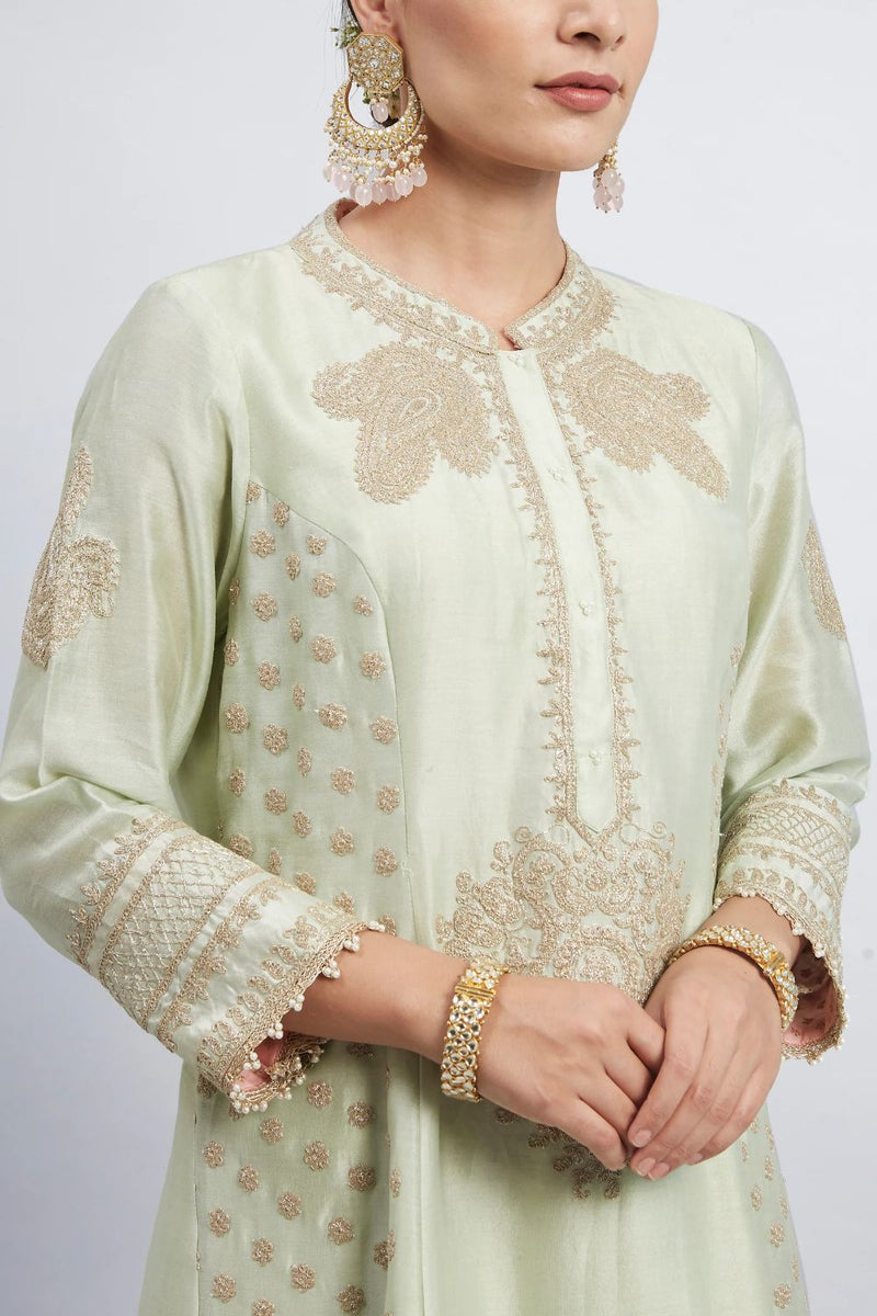 Naazira A-line short kurta with salwar and dupatta-Mint green silk by SHEETAL BATRA in mint color for women in Singapore
