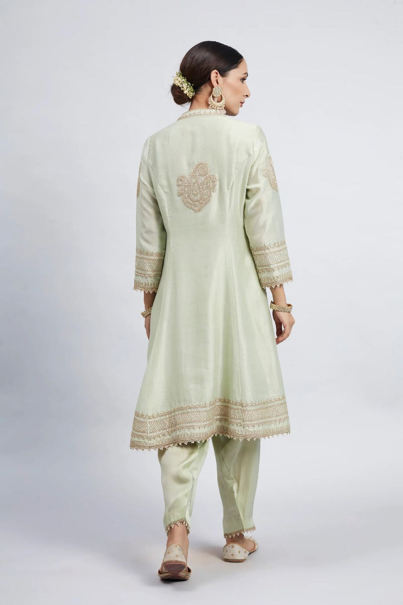Naazira A-line short kurta with salwar and dupatta-Mint green silk by SHEETAL BATRA in mint color for women in Singapore
