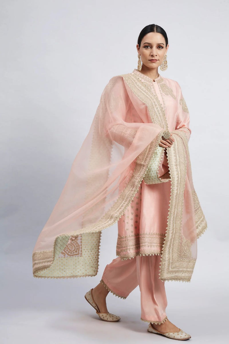 Naazira A-line short kurta with salwar and dupatta-Carnation pink silk by SHEETAL BATRA in pink color for women in Singapore