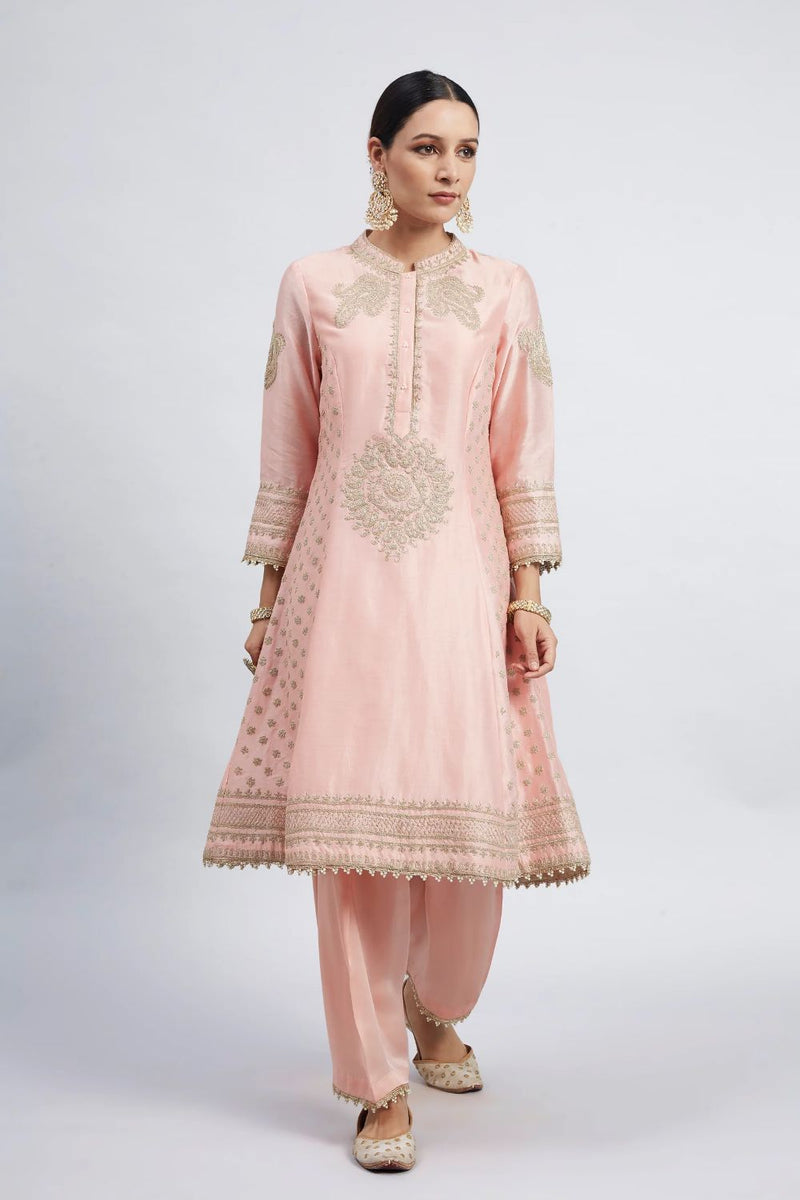 Naazira A-line short kurta with salwar and dupatta-Carnation pink silk by SHEETAL BATRA in pink color for women in Singapore