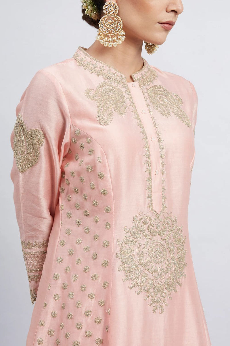 Naazira A-line short kurta with salwar and dupatta-Carnation pink silk by SHEETAL BATRA in pink color for women in Singapore