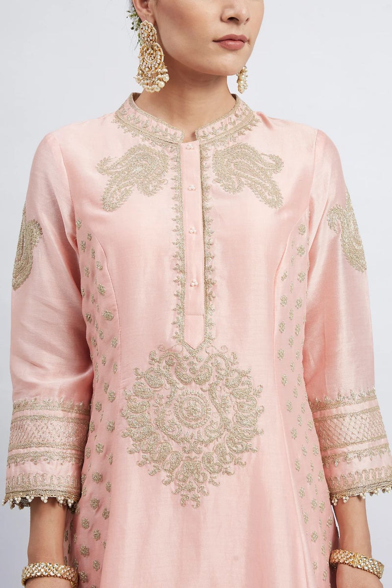 Naazira A-line short kurta with salwar and dupatta-Carnation pink silk by SHEETAL BATRA in pink color for women in Singapore