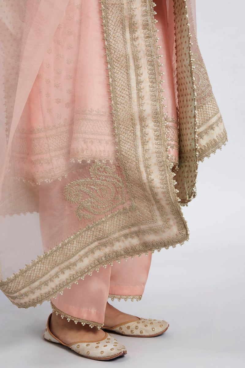 Naazira A-line short kurta with salwar and dupatta-Carnation pink silk by SHEETAL BATRA in pink color for women in Singapore