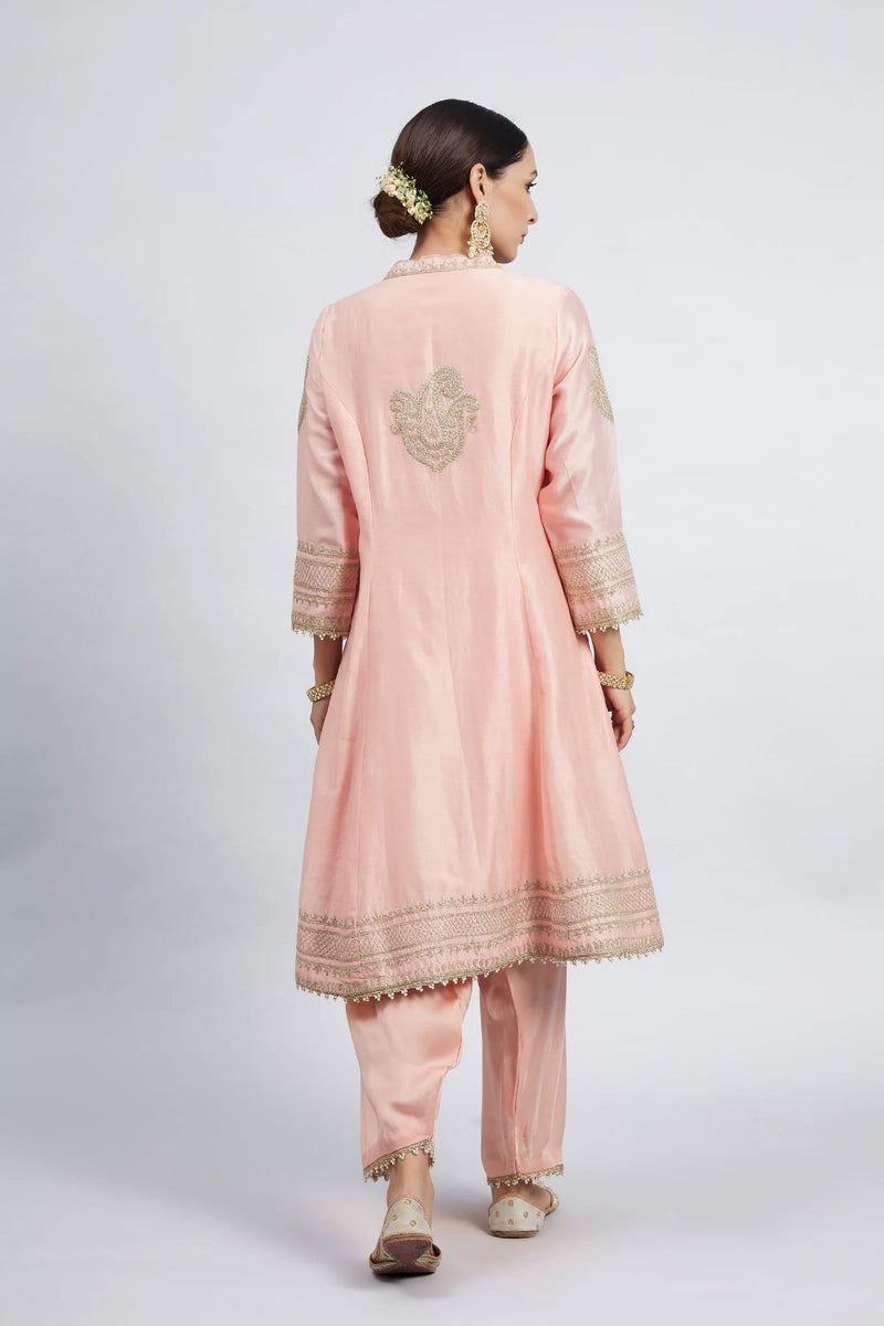 Naazira A-line short kurta with salwar and dupatta-Carnation pink silk by SHEETAL BATRA in pink color for women in Singapore