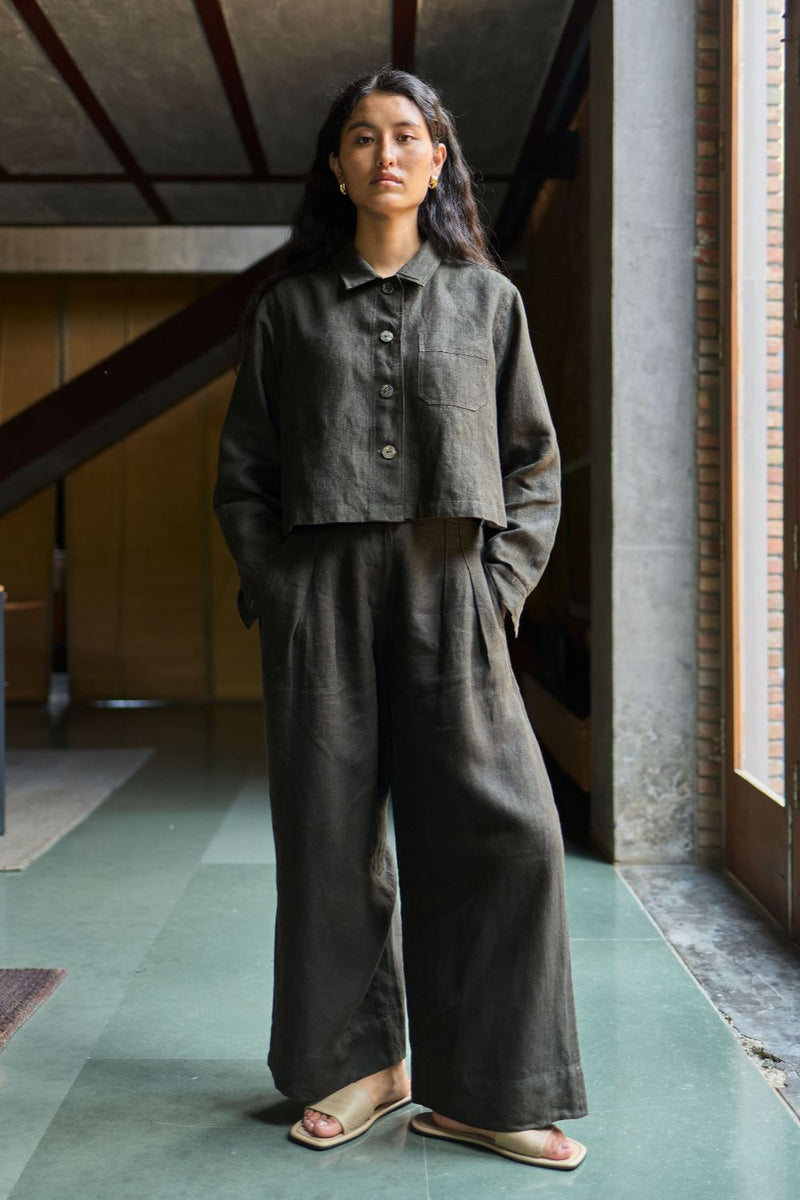 Nako Crop Linen Co-ord Set - Olive Charcoal by Manan for in Singapore