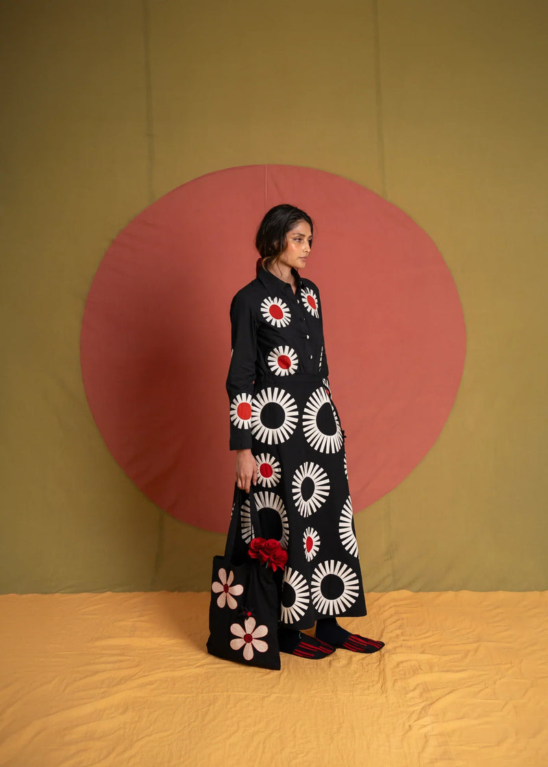 Naseem Tiger Skirt-Black, White and Red kora cotton skirt by Ka-Sha in black for women in Singapore