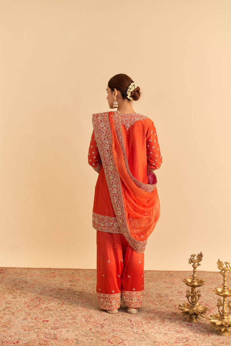 Naseha Burnt orange Dabka Zardozi Embroidered Short kurta Set by SHEETAL BATRA in orange color for women in Singapore