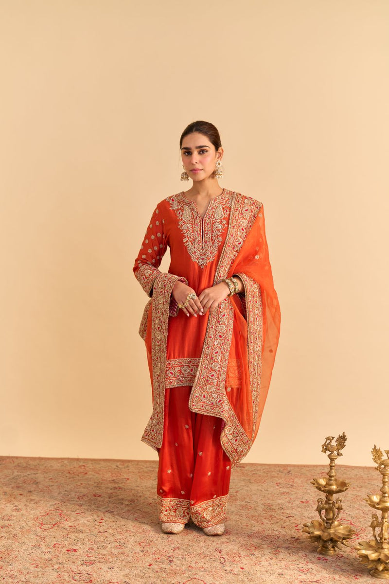Naseha Burnt orange Dabka Zardozi Embroidered Short kurta Set by SHEETAL BATRA in orange color for women in Singapore