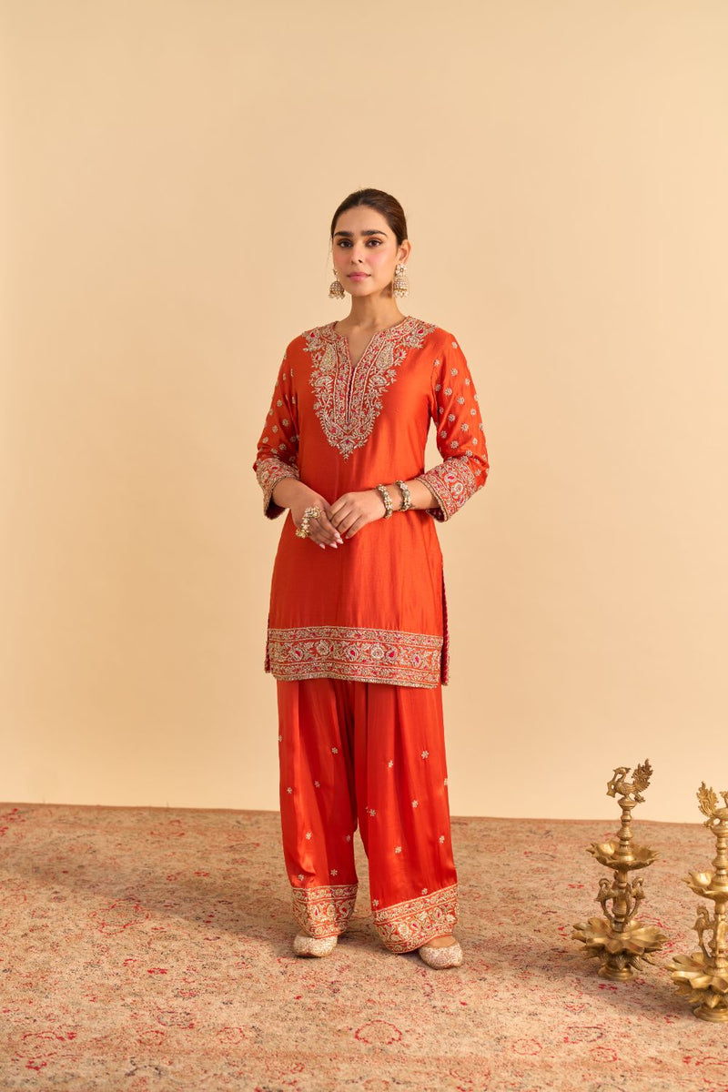 Naseha Burnt orange Dabka Zardozi Embroidered Short kurta Set by SHEETAL BATRA in orange color for women in Singapore