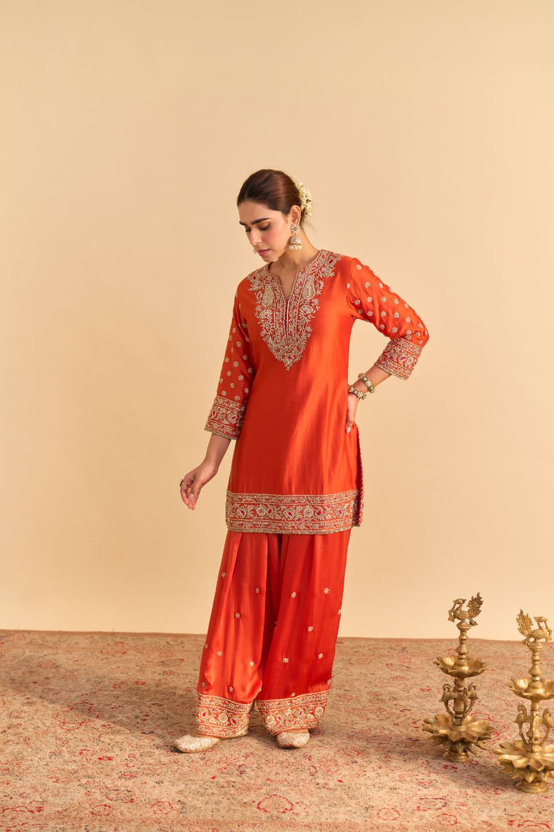 Naseha Burnt orange Dabka Zardozi Embroidered Short kurta Set by SHEETAL BATRA in orange color for women in Singapore