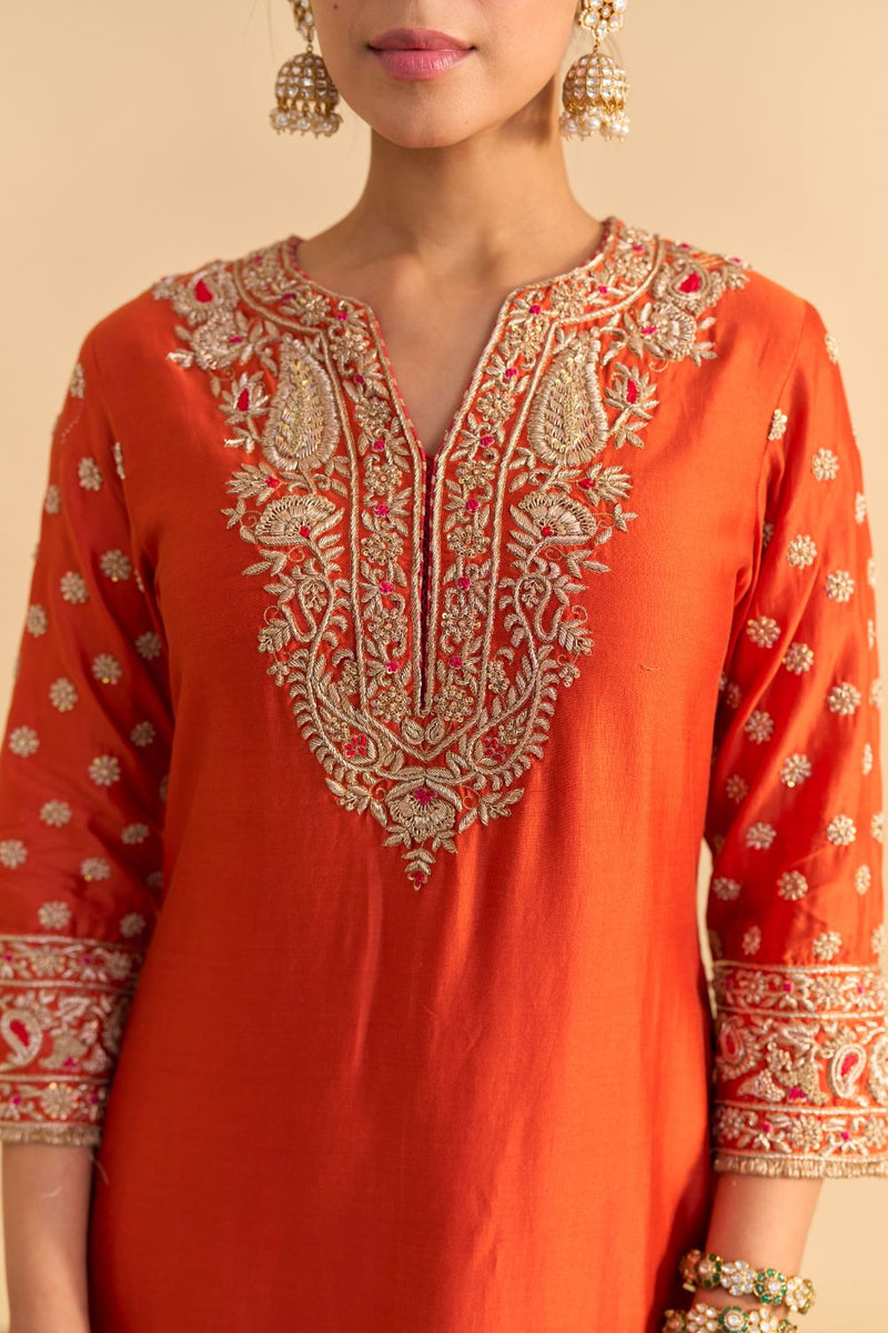 Naseha Burnt orange Dabka Zardozi Embroidered Short kurta Set by SHEETAL BATRA in orange color for women in Singapore