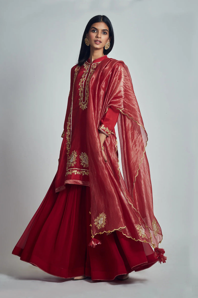 Nasira Short Kurta with Salwar and Dupatta-Deep red silk by SHEETAL BATRA in red color for women in Singapore