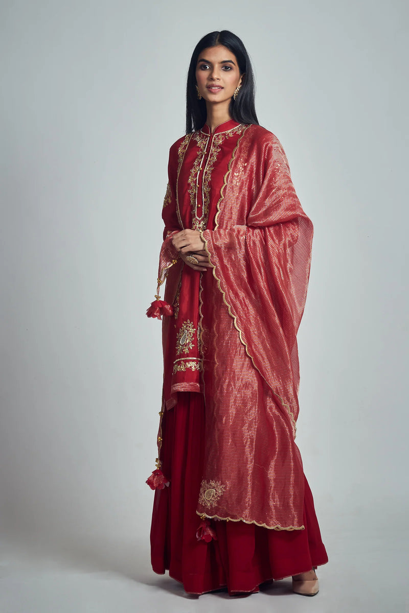 Nasira Short Kurta with Salwar and Dupatta-Deep red silk by SHEETAL BATRA in red color for women in Singapore