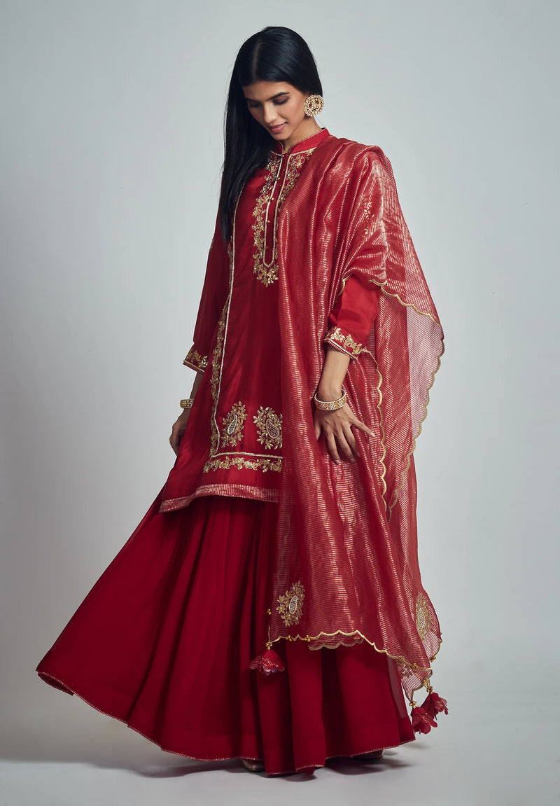 Nasira Short Kurta with Salwar and Dupatta-Deep red silk by SHEETAL BATRA in red color for women in Singapore