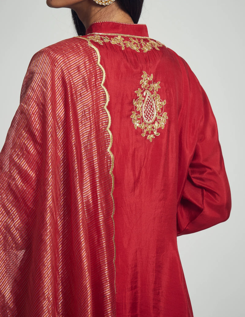 Nasira Short Kurta with Salwar and Dupatta-Deep red silk by SHEETAL BATRA in red color for women in Singapore