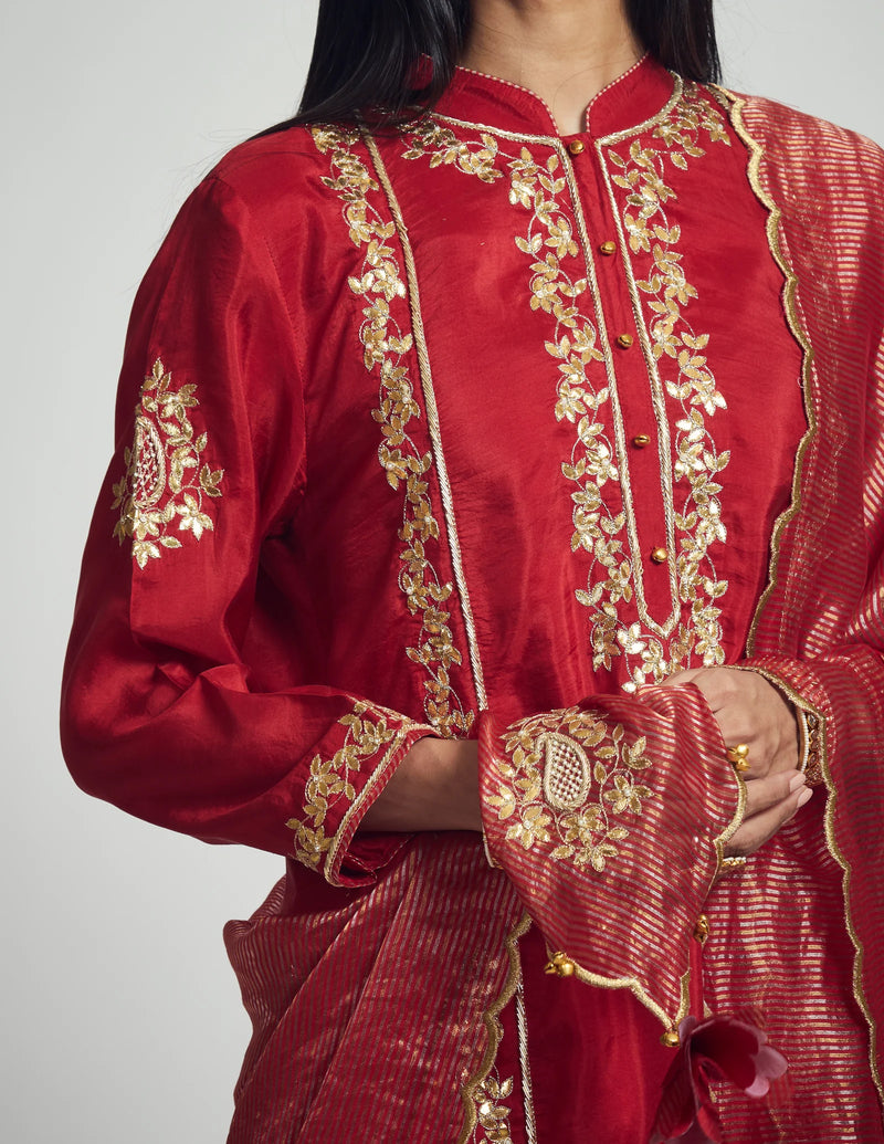 Nasira Short Kurta with Salwar and Dupatta-Deep red silk by SHEETAL BATRA in red color for women in Singapore