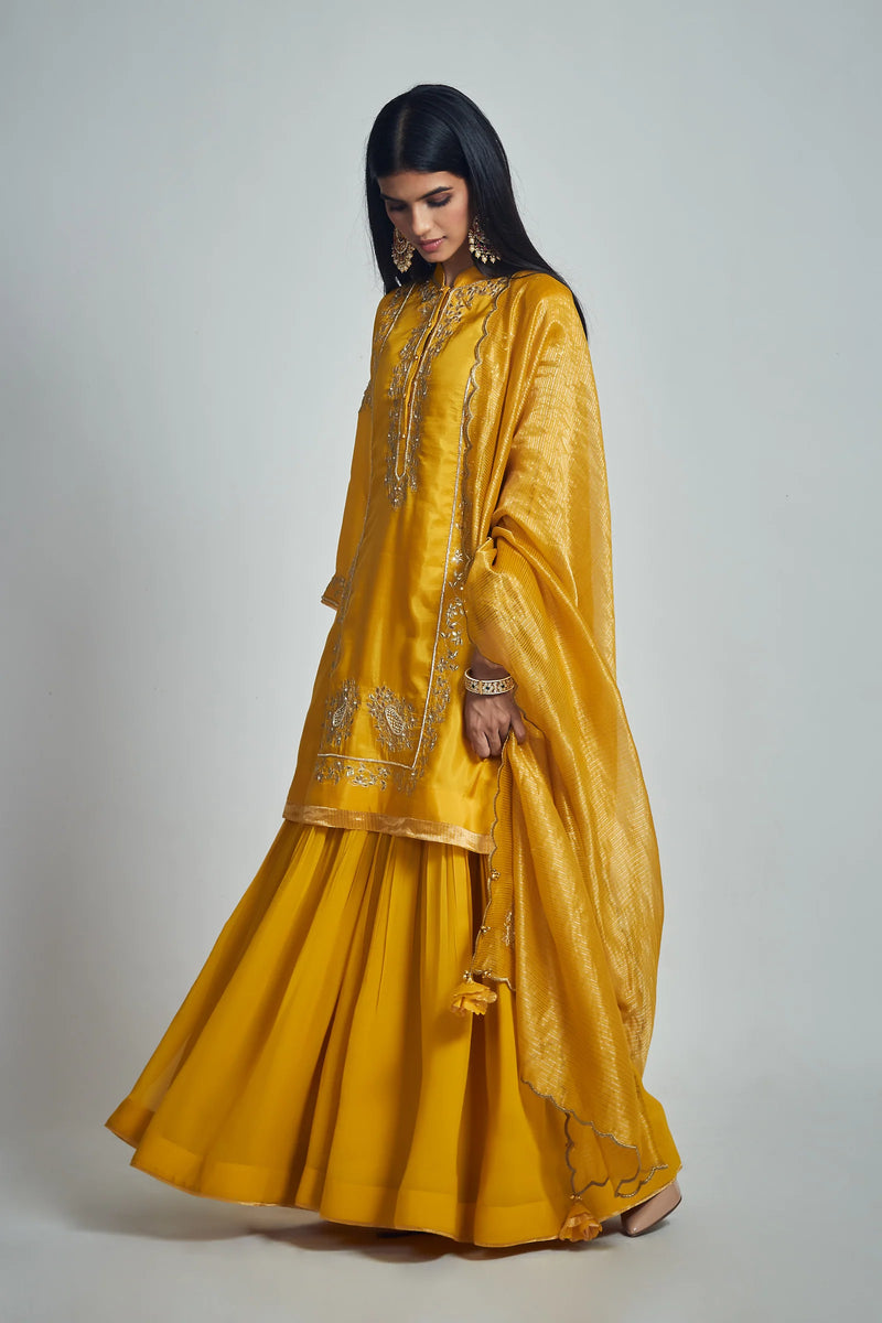 Nasira Short Kurta with Salwar and Dupatta-Happy Mustard silk by SHEETAL BATRA in mustard color for women in Singapore