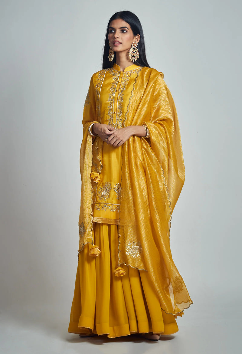 Nasira Short Kurta with Salwar and Dupatta-Happy Mustard silk by SHEETAL BATRA in mustard color for women in Singapore
