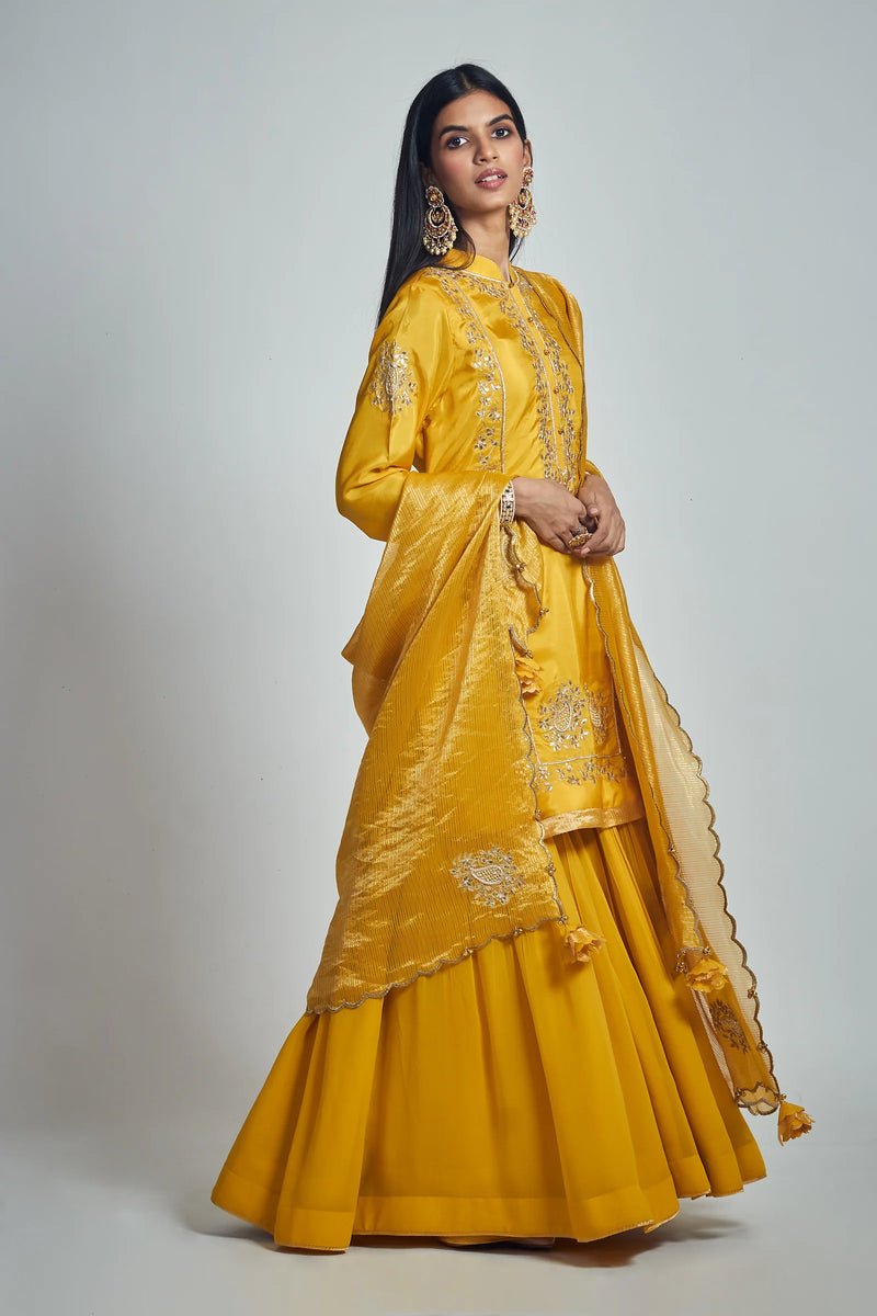 Nasira Short Kurta with Salwar and Dupatta-Happy Mustard silk by SHEETAL BATRA in mustard color for women in Singapore
