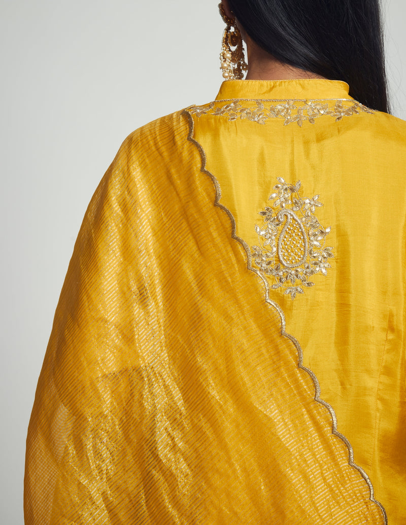 Nasira Short Kurta with Salwar and Dupatta-Happy Mustard silk by SHEETAL BATRA in mustard color for women in Singapore