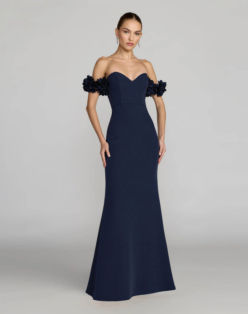 56131-Navy Crepe Off The Shoulder Gown With 3D Flowers polyester evening-gowns by Mac Duggal in blue for women in Singapore
