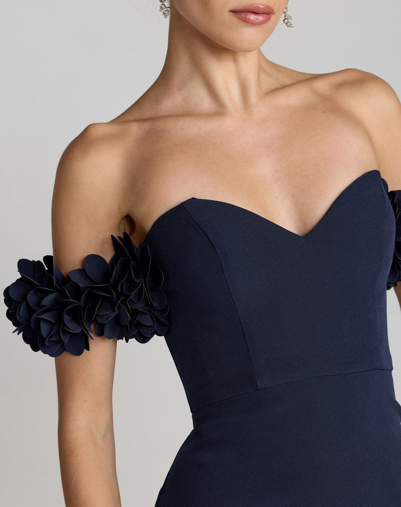 56131-Navy Crepe Off The Shoulder Gown With 3D Flowers polyester evening-gowns by Mac Duggal in blue for women in Singapore