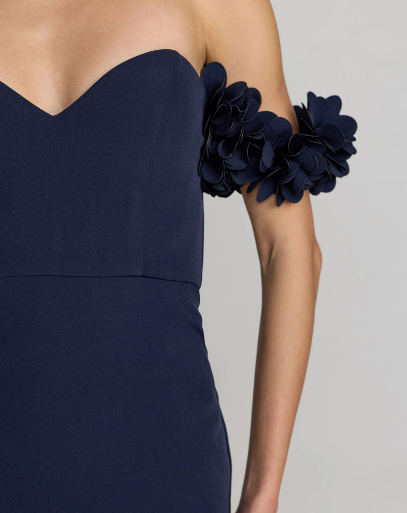 56131-Navy Crepe Off The Shoulder Gown With 3D Flowers polyester evening-gowns by Mac Duggal in blue for women in Singapore