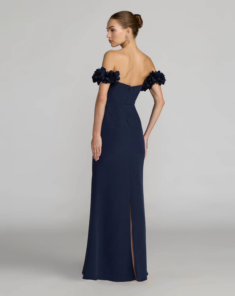 56131-Navy Crepe Off The Shoulder Gown With 3D Flowers polyester evening-gowns by Mac Duggal in blue for women in Singapore