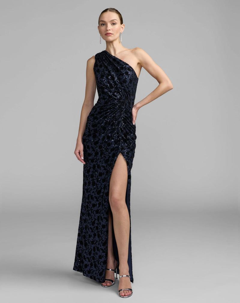 27900-Navy Floral One Shoulder Sequin Gown With Slit polyester evening-gowns by Mac Duggal in blue for women in Singapore