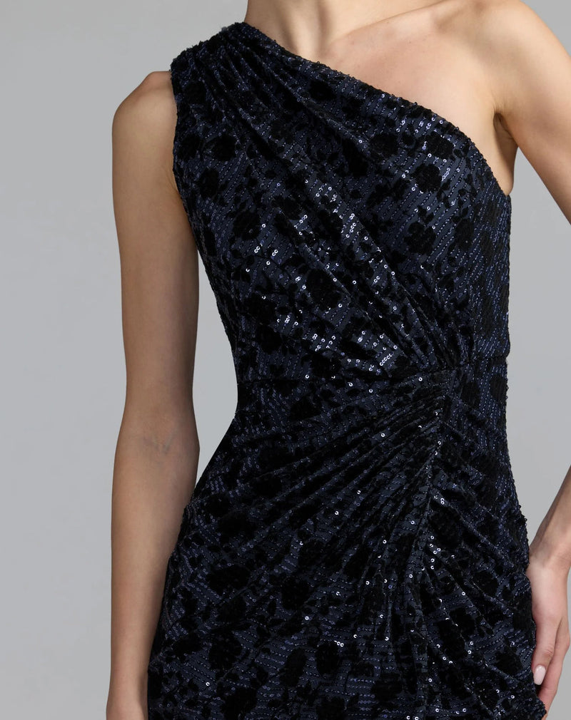 27900-Navy Floral One Shoulder Sequin Gown With Slit polyester evening-gowns by Mac Duggal in blue for women in Singapore