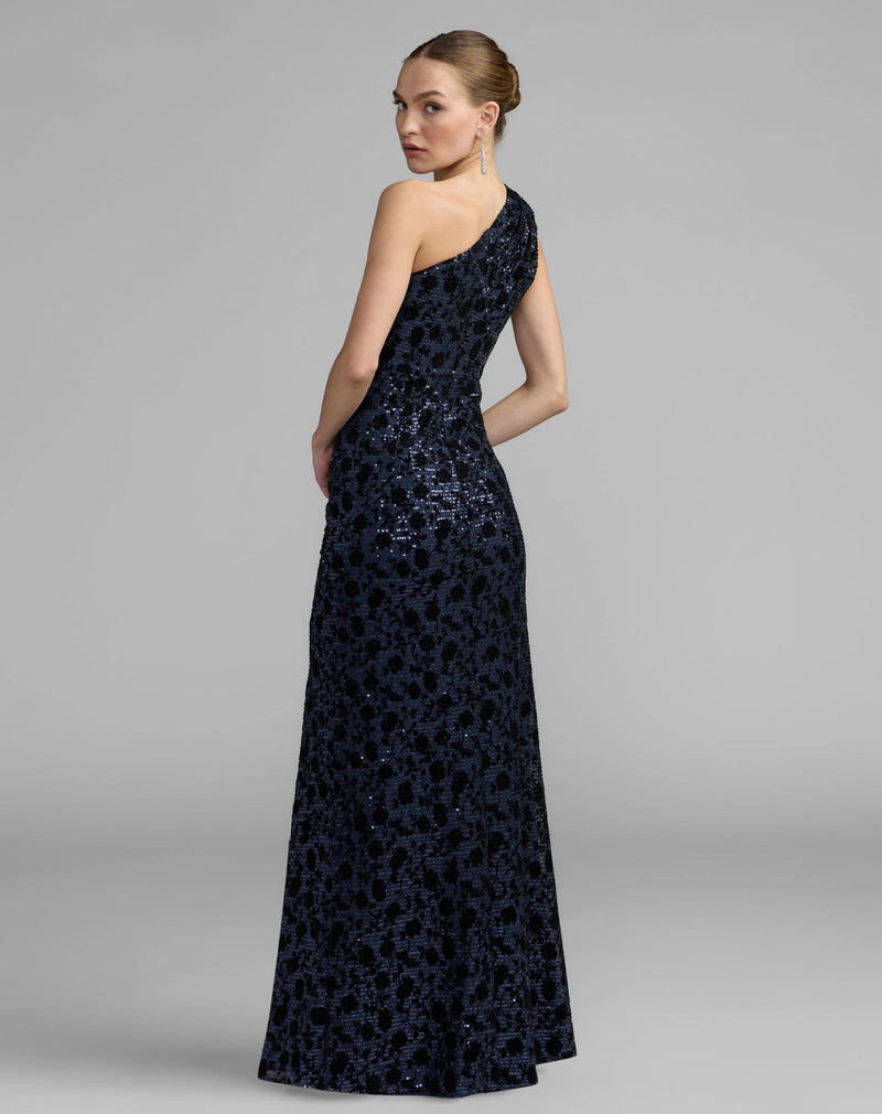 27900-Navy Floral One Shoulder Sequin Gown With Slit polyester evening-gowns by Mac Duggal in blue for women in Singapore