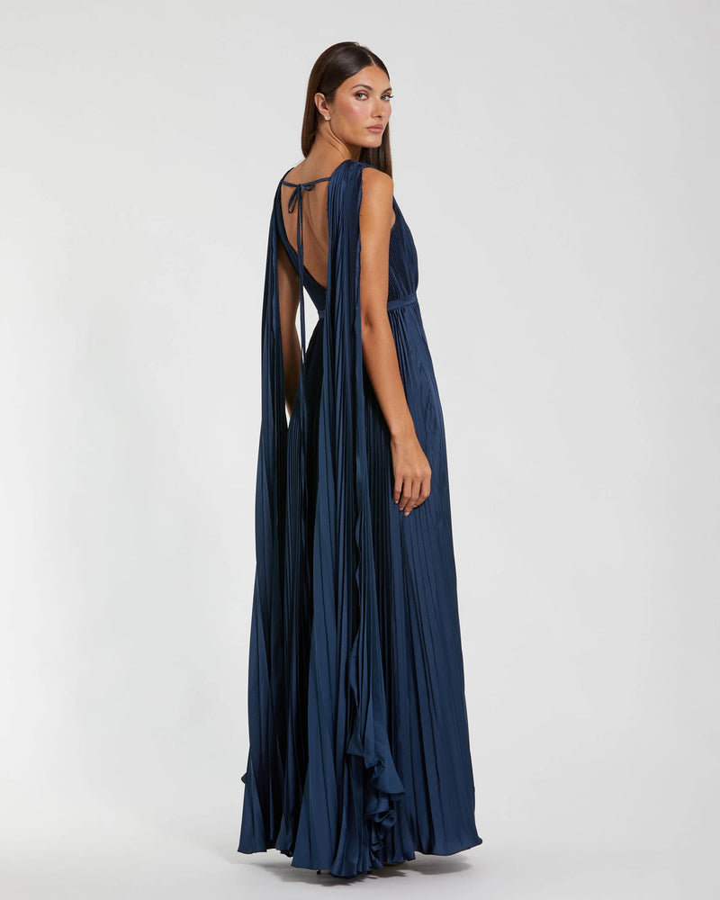 49716-Navy Pleated Cape Back Gown polyester evening-gowns by Mac Duggal in blue for women in Singapore