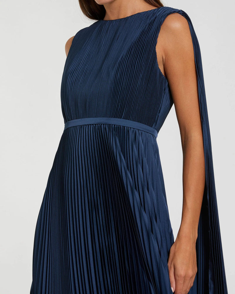 49716-Navy Pleated Cape Back Gown polyester evening-gowns by Mac Duggal in blue for women in Singapore