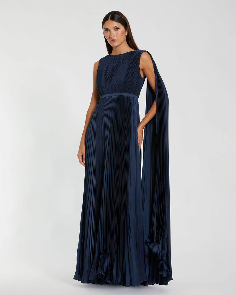 49716-Navy Pleated Cape Back Gown polyester evening-gowns by Mac Duggal in blue for women in Singapore