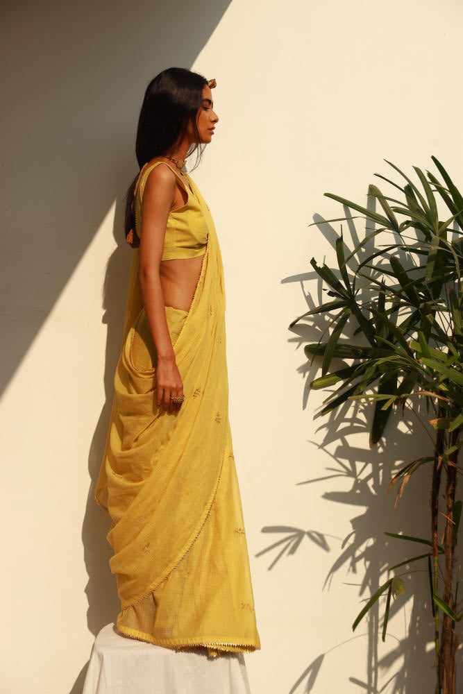 Nazaqat sari Saree by Khara Kapas in yellow for women in Singapore