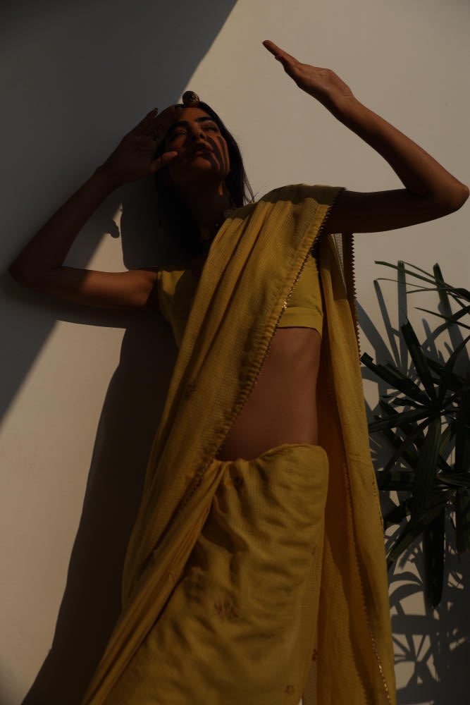 Nazaqat sari Saree by Khara Kapas in yellow for women in Singapore