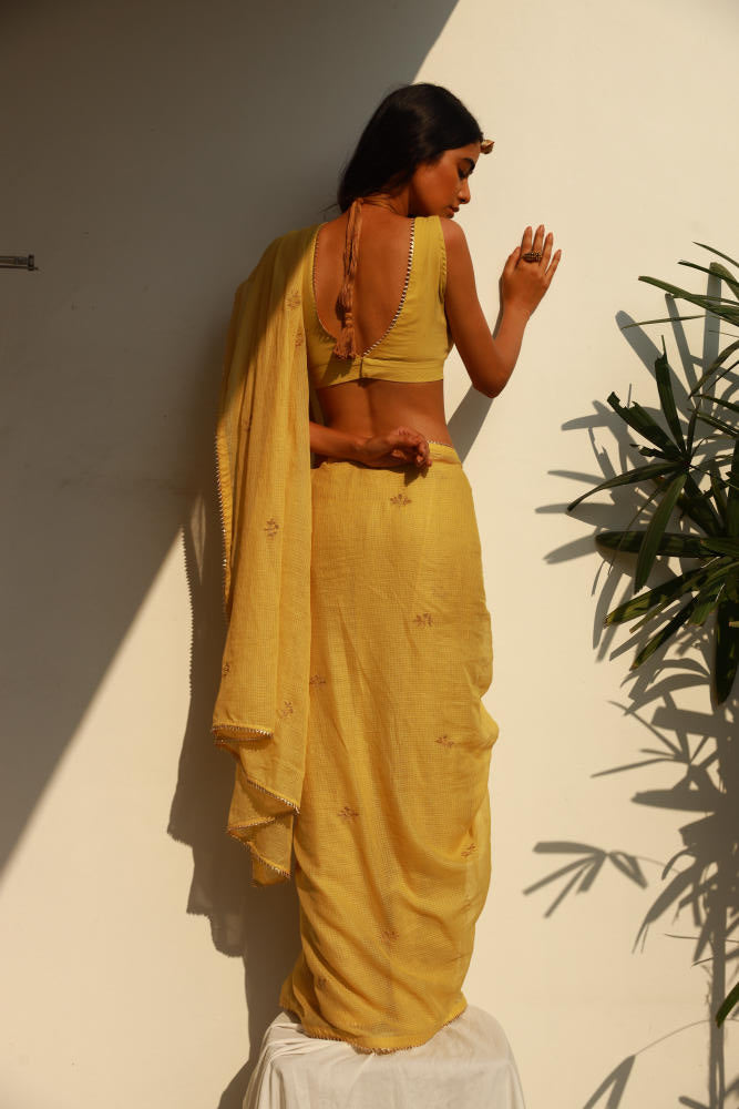 Nazaqat sari Saree by Khara Kapas in yellow for women in Singapore