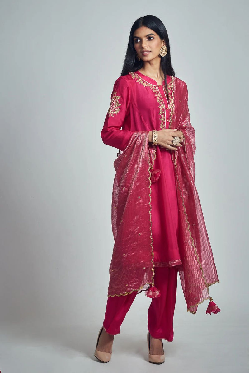 Nazish Short Kurta with Salwar and Dupatta-Hot Pink silk by SHEETAL BATRA in pink color for women in Singapore
