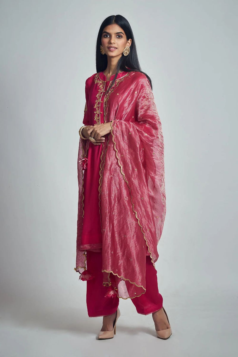 Nazish Short Kurta with Salwar and Dupatta-Hot Pink silk by SHEETAL BATRA in pink color for women in Singapore
