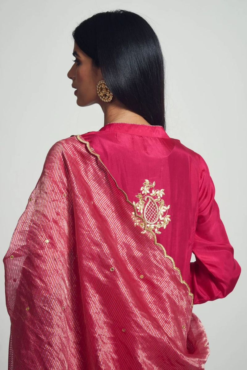 Nazish Short Kurta with Salwar and Dupatta-Hot Pink silk by SHEETAL BATRA in pink color for women in Singapore
