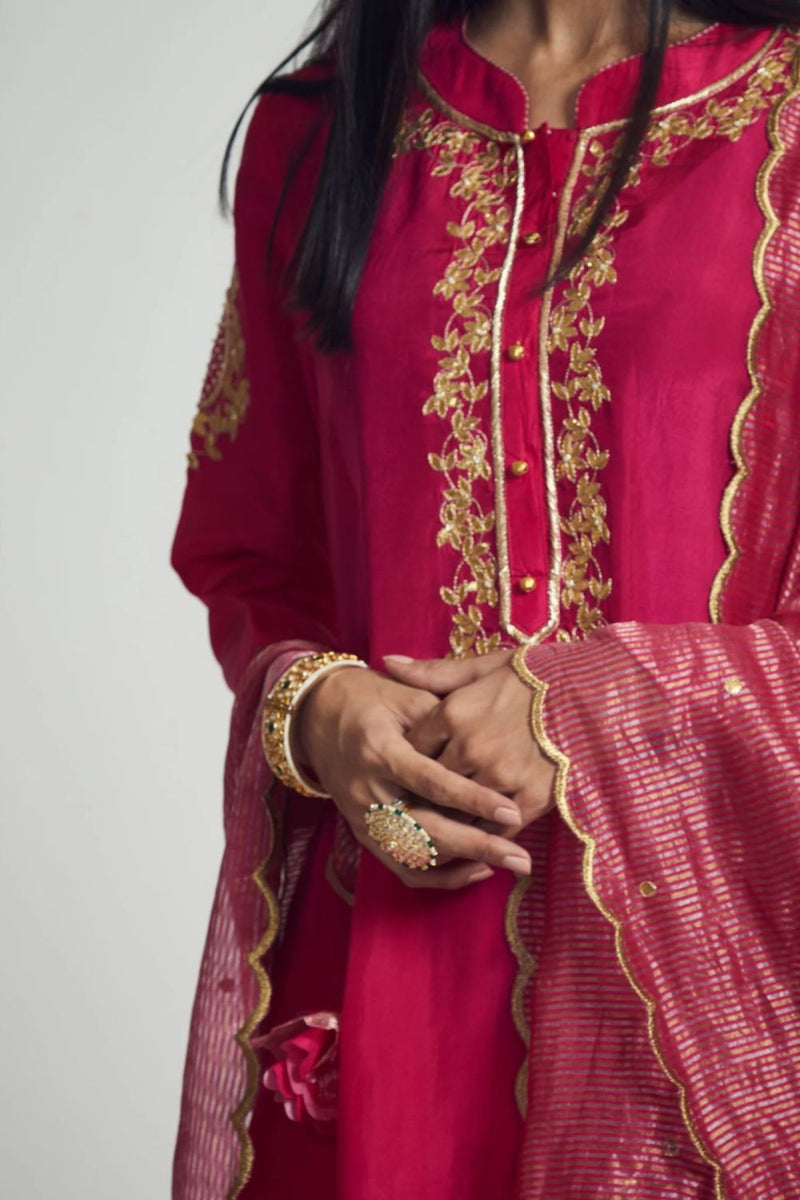 Nazish Short Kurta with Salwar and Dupatta-Hot Pink silk by SHEETAL BATRA in pink color for women in Singapore