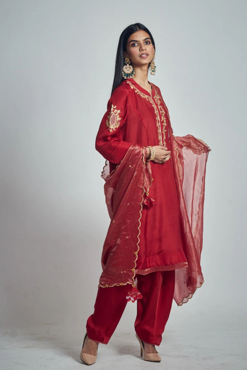 Nazish Short Kurta with Salwar and Dupatta-Deep red silk by SHEETAL BATRA in red color for women in Singapore