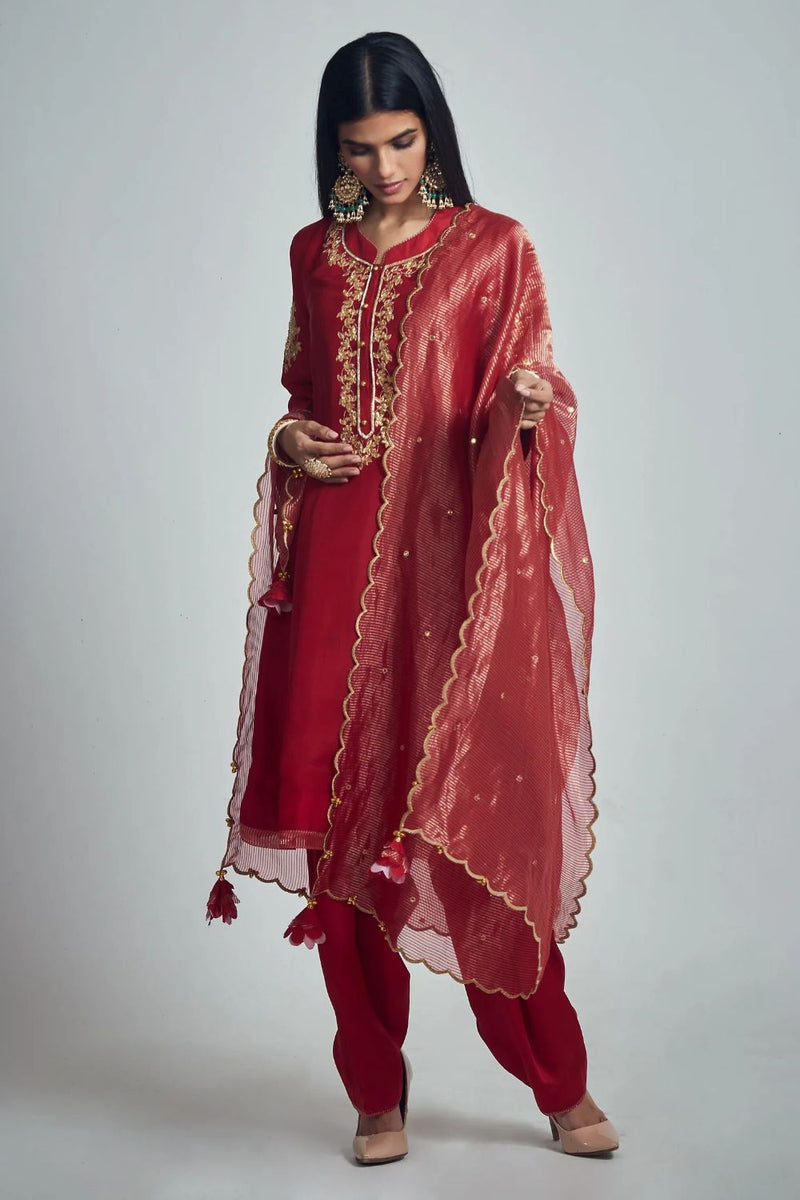 Nazish Short Kurta with Salwar and Dupatta-Deep red silk by SHEETAL BATRA in red color for women in Singapore