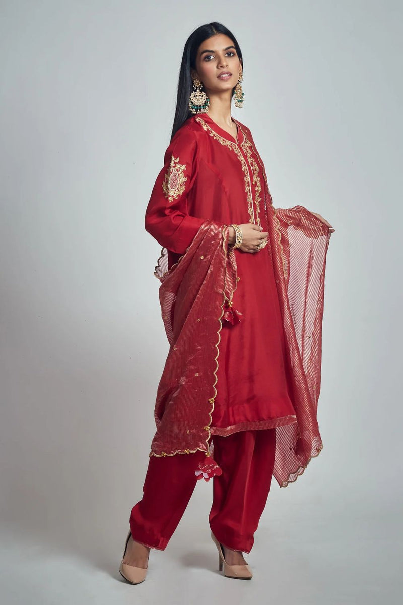 Nazish Short Kurta with Salwar and Dupatta-Deep red silk by SHEETAL BATRA in red color for women in Singapore