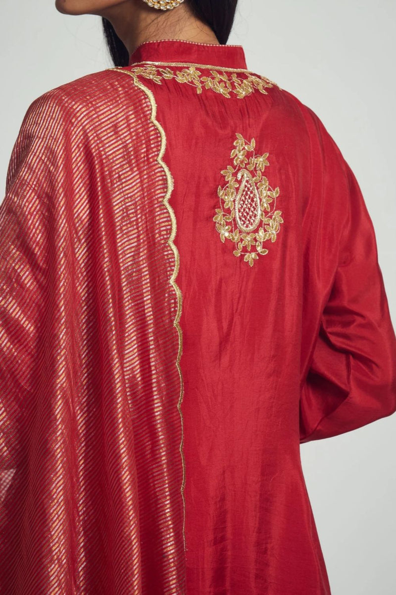 Nazish Short Kurta with Salwar and Dupatta-Deep red silk by SHEETAL BATRA in red color for women in Singapore