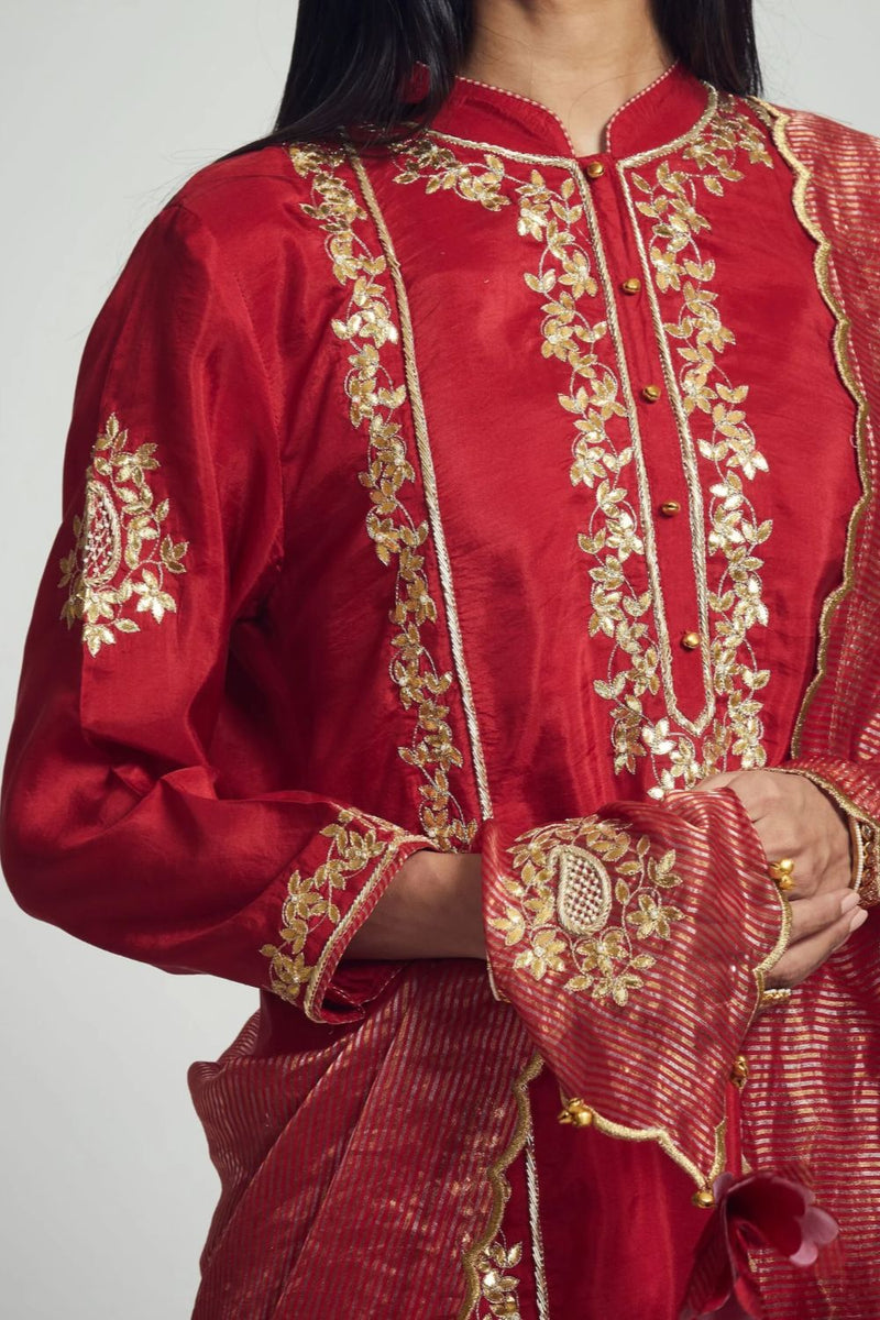 Nazish Short Kurta with Salwar and Dupatta-Deep red silk by SHEETAL BATRA in red color for women in Singapore